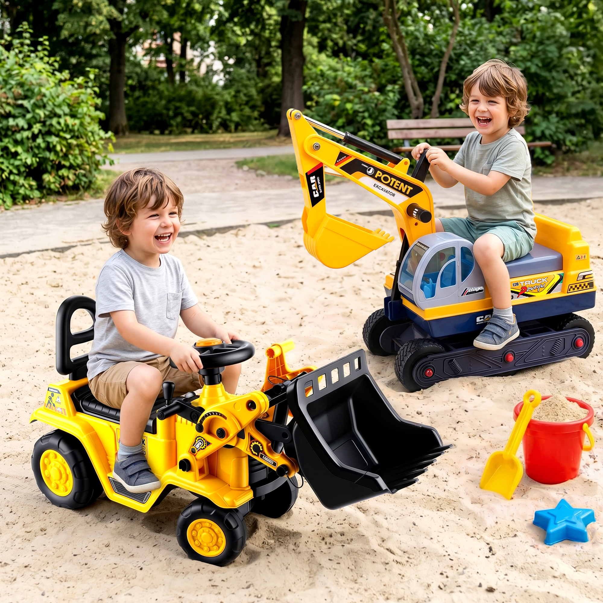 Kids Ride-On Bulldozer & Digger with Helmet, Yellow