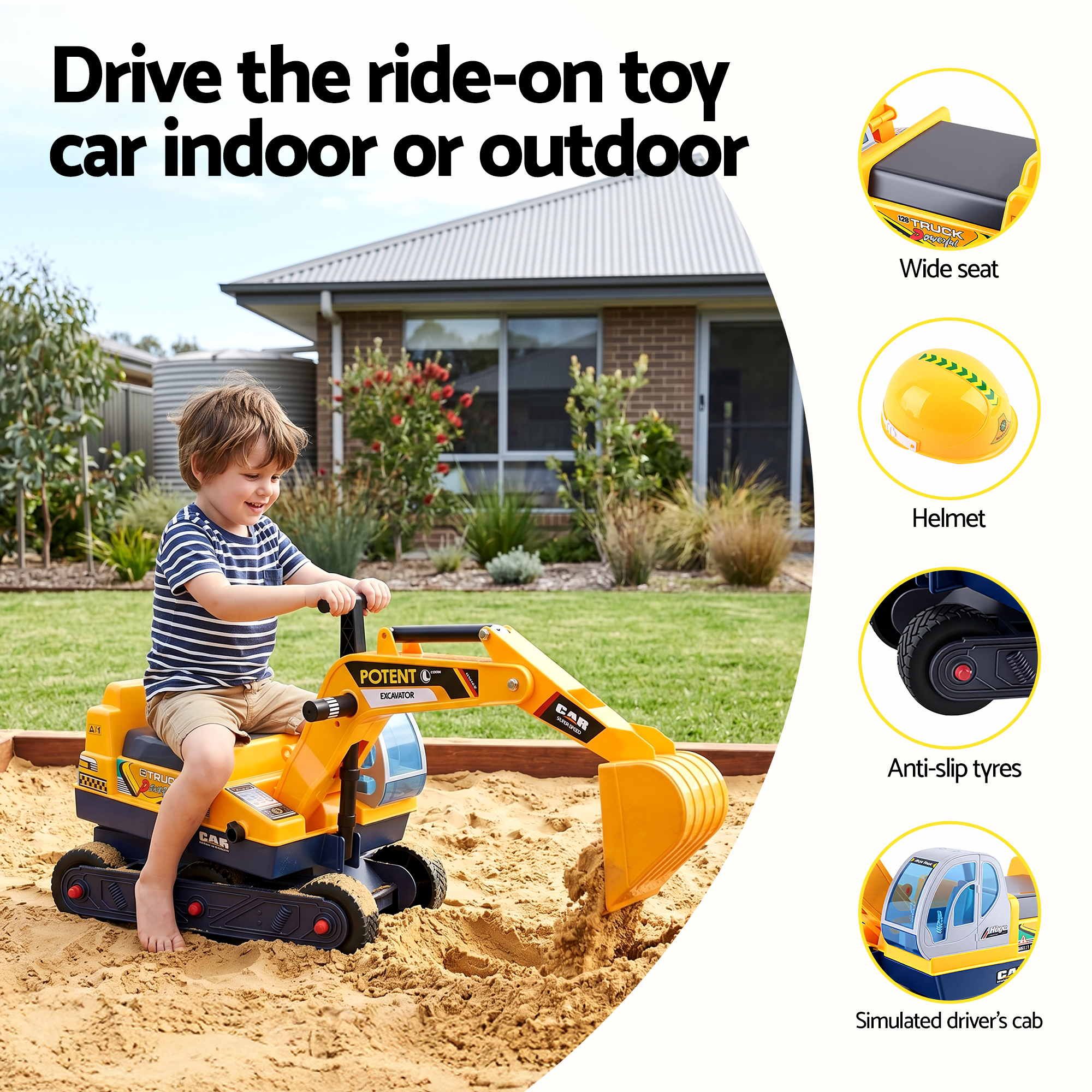 Kids Ride-On Bulldozer & Digger with Helmet, Yellow
