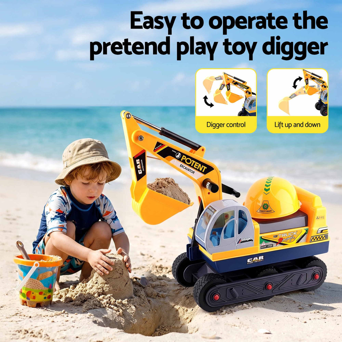 Kids Ride-On Bulldozer & Digger with Helmet, Yellow
