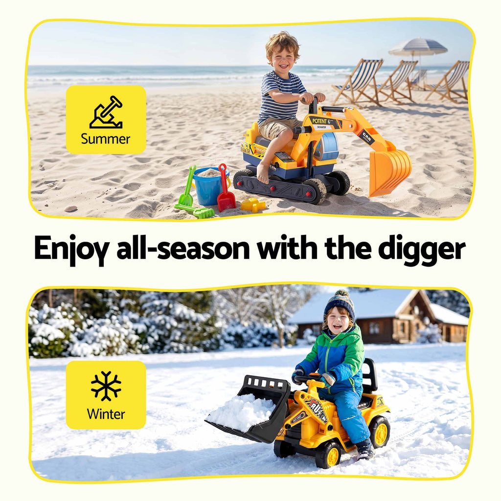 Kids Ride-On Bulldozer & Digger with Helmet, Yellow