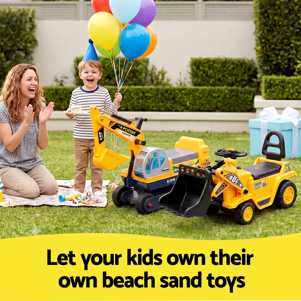 Kids Ride-On Bulldozer & Digger with Helmet, Yellow