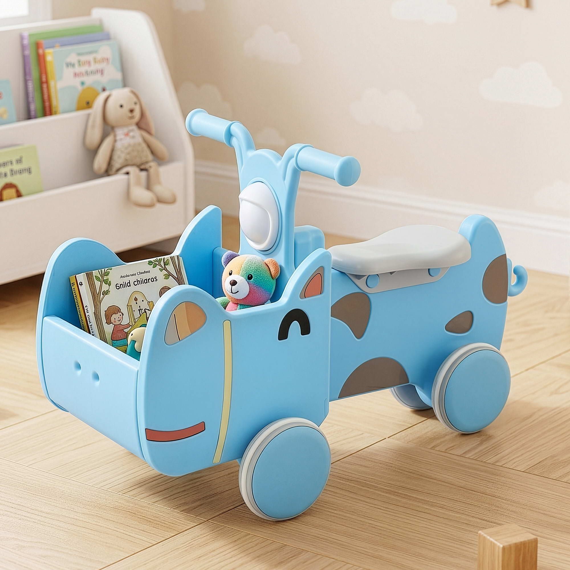Kids Ride On Push Car Toys with Storage Space Animal Stickers Blue