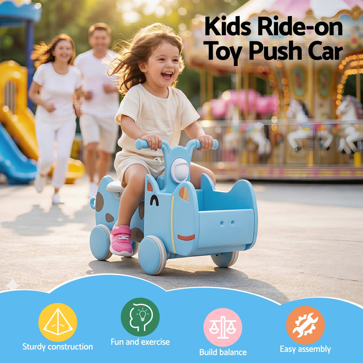 Kids Ride On Push Car Toys with Storage Space Animal Stickers Blue