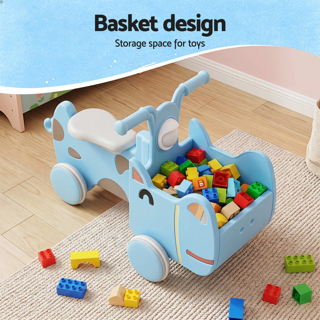 Kids Ride On Push Car Toys with Storage Space Animal Stickers Blue