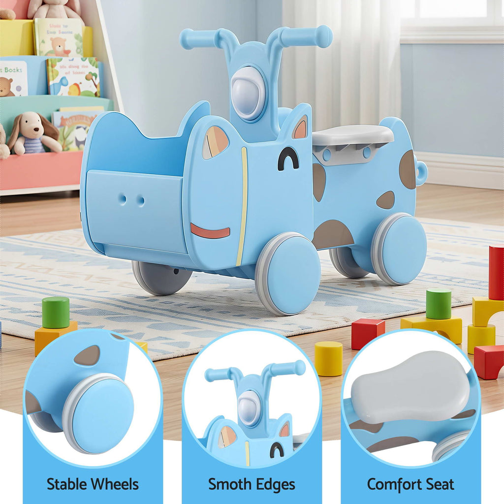 Kids Ride On Push Car Toys with Storage Space Animal Stickers Blue
