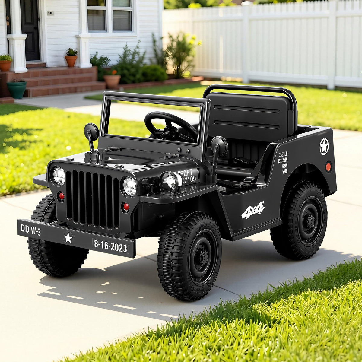 12V Military Jeep Kids Electric Ride On Car with Parental Remote - Black