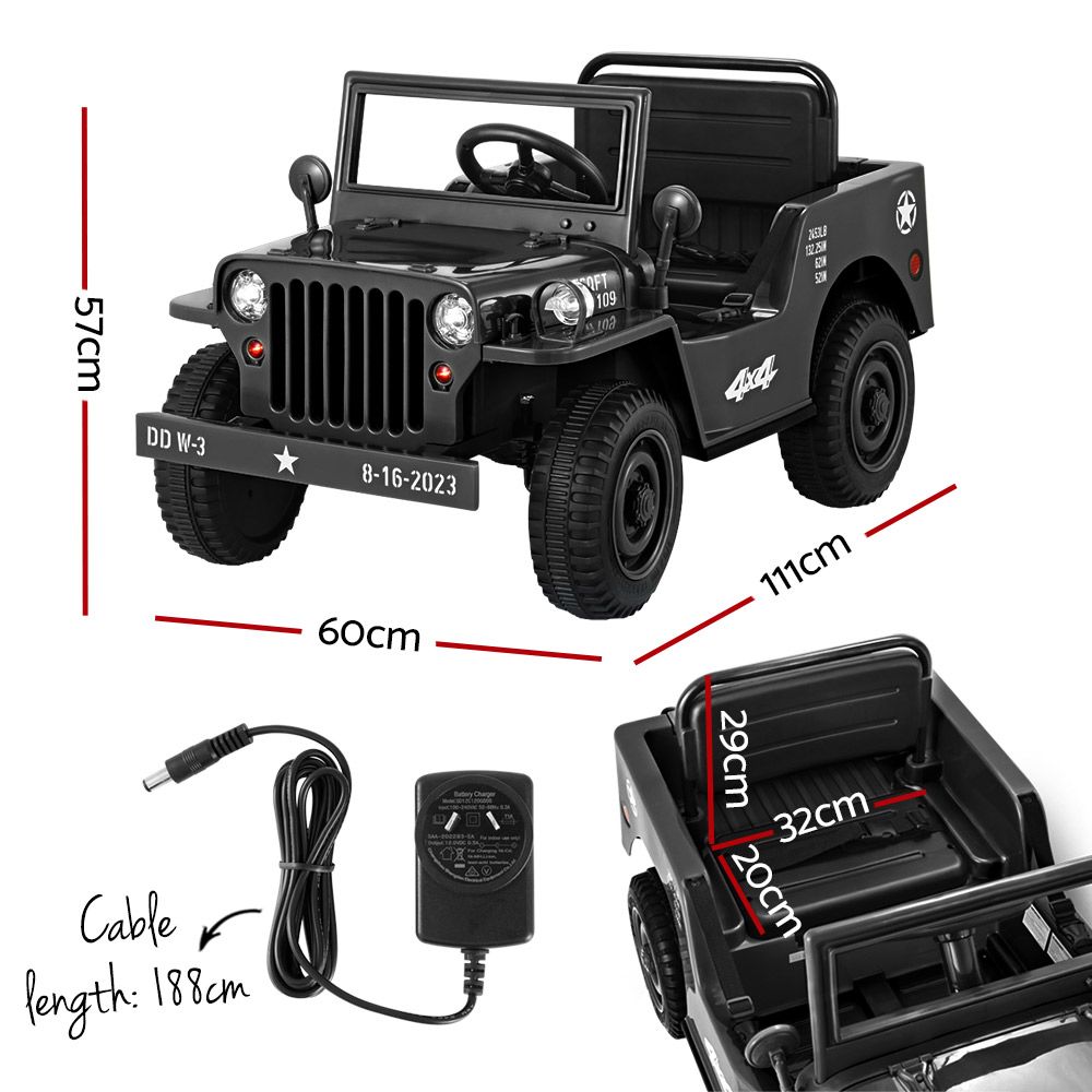 12V Military Jeep Kids Electric Ride On Car with Parental Remote - Black