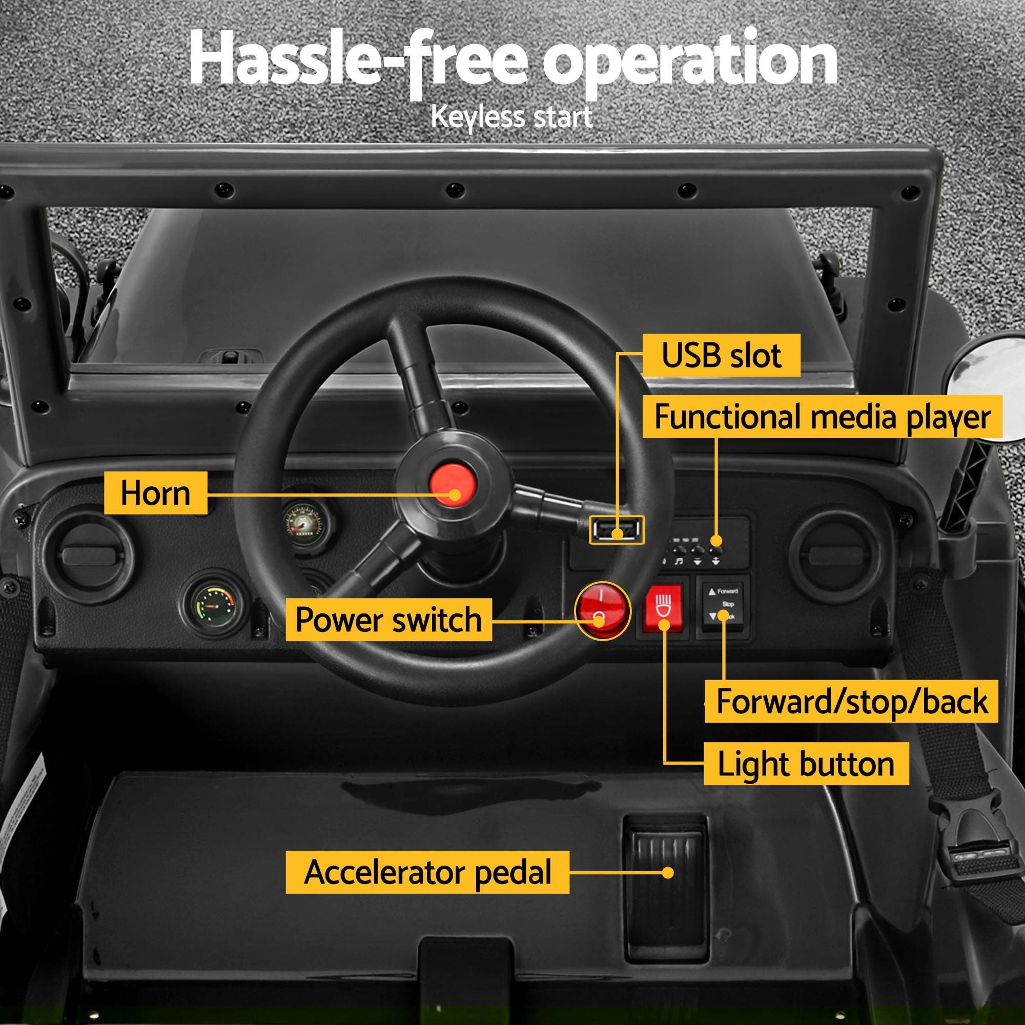 12V Military Jeep Kids Electric Ride On Car with Parental Remote - Black