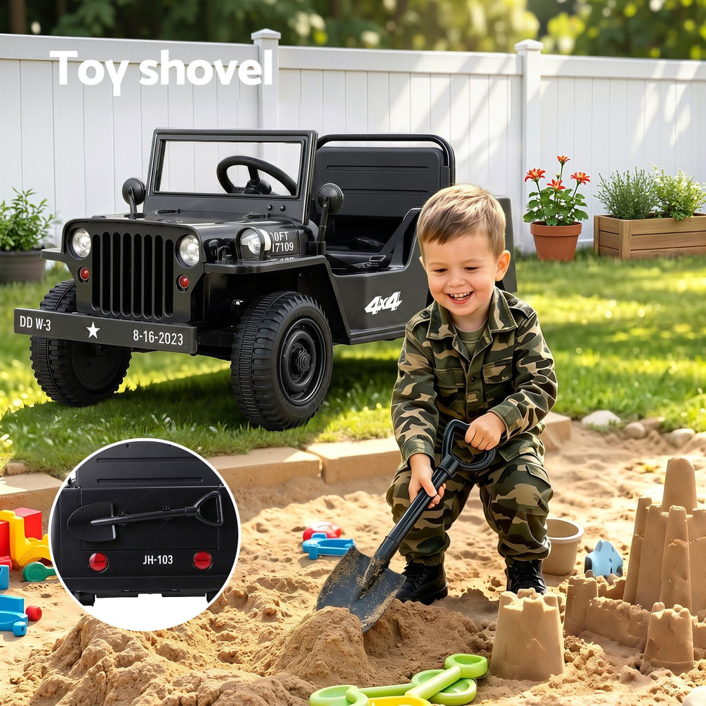 12V Military Jeep Kids Electric Ride On Car with Parental Remote - Black