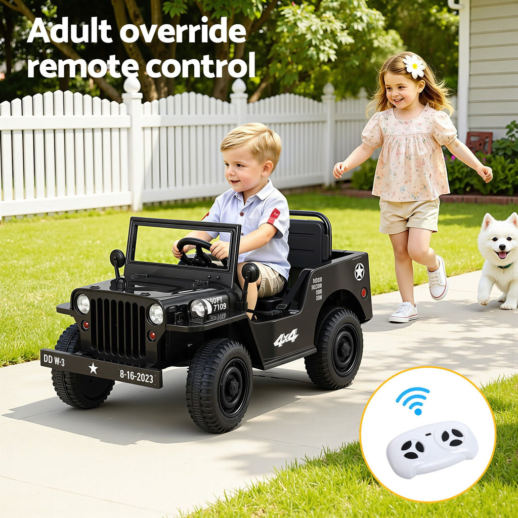12V Military Jeep Kids Electric Ride On Car with Parental Remote - Black