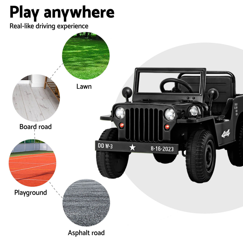 12V Military Jeep Kids Electric Ride On Car with Parental Remote - Black