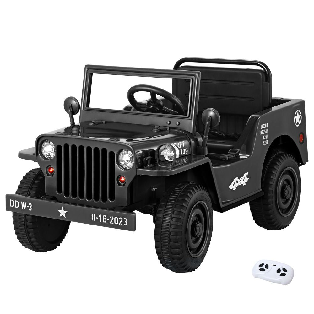 12V Military Jeep Kids Electric Ride On Car with Parental Remote - Black