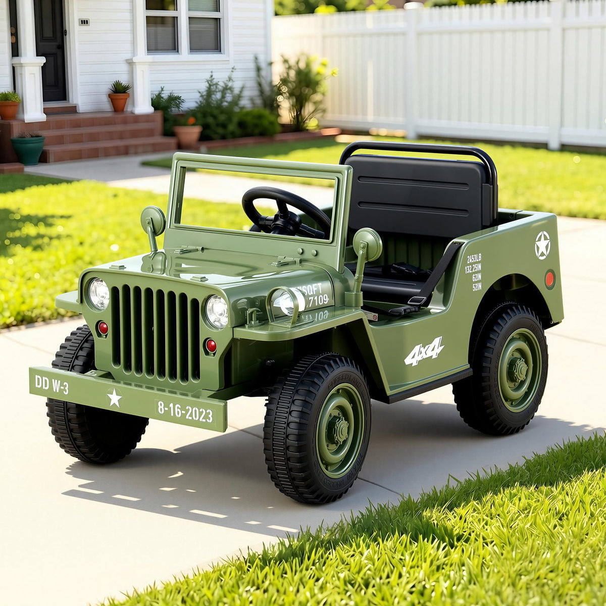 12V Military Jeep Kids Electric Ride On Car with Parental Remote - Olive