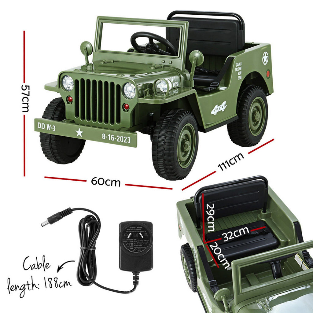 12V Military Jeep Kids Electric Ride On Car with Parental Remote - Olive
