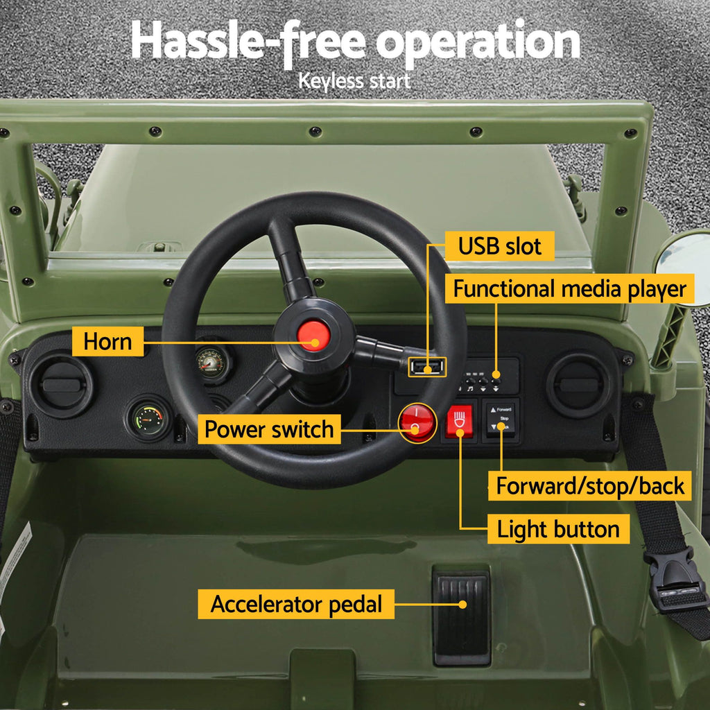 12V Military Jeep Kids Electric Ride On Car with Parental Remote - Olive