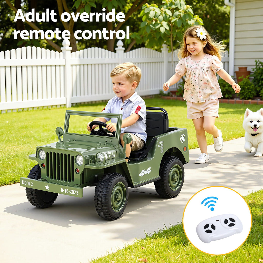 12V Military Jeep Kids Electric Ride On Car with Parental Remote - Olive