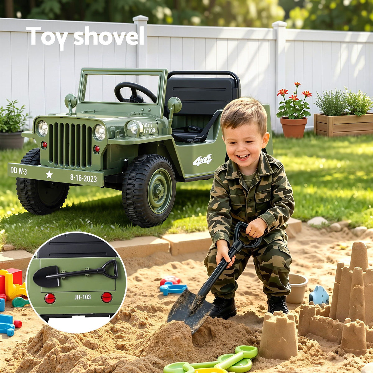 12V Military Jeep Kids Electric Ride On Car with Parental Remote - Olive