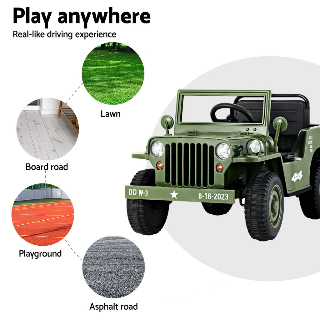 12V Military Jeep Kids Electric Ride On Car with Parental Remote - Olive