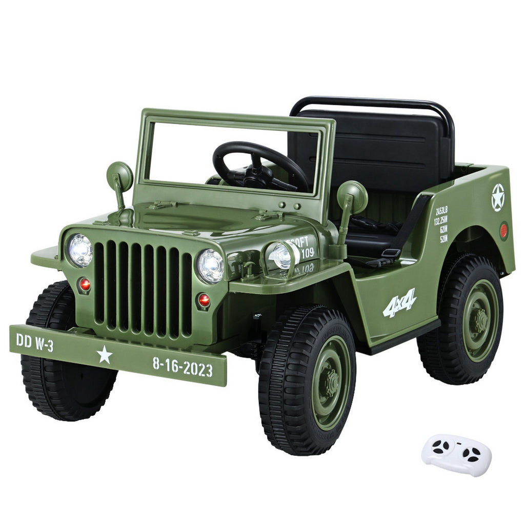 12V Military Jeep Kids Electric Ride On Car with Parental Remote - Olive