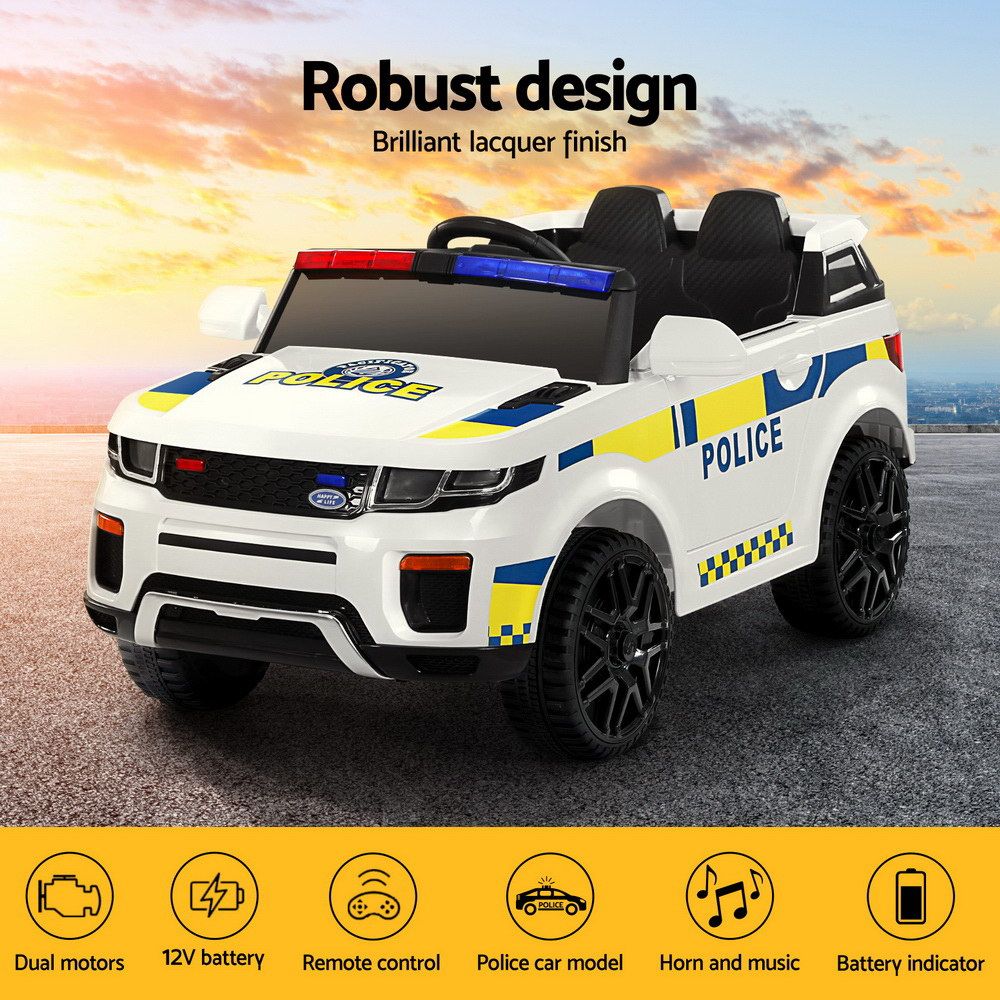 12V Kids Electric Police Ride On Car with Parental Remote - White