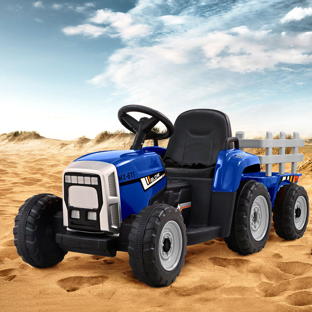12V Kids Electric Ride On Tractor with Trailer - Blue