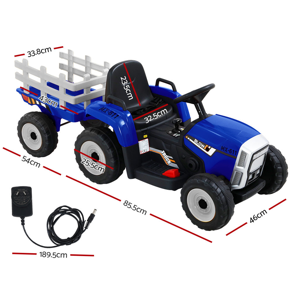 12V Kids Electric Ride On Tractor with Trailer - Blue