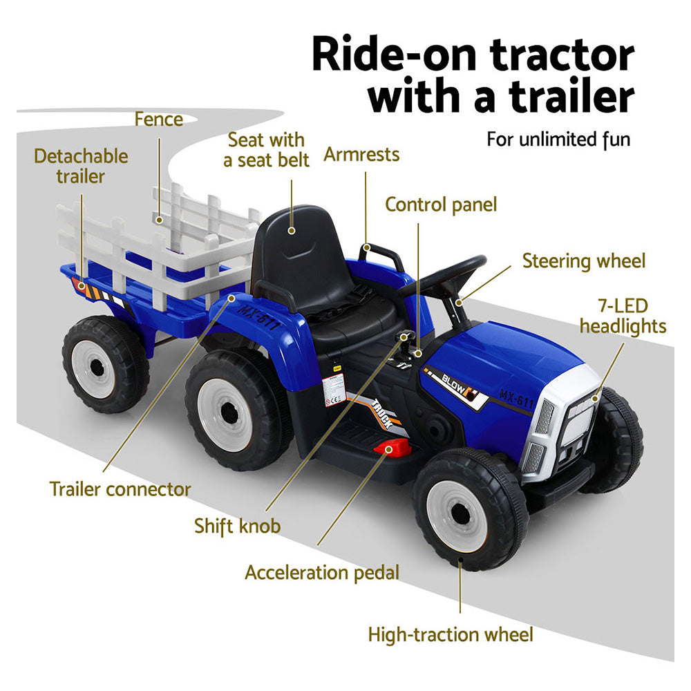 12V Kids Electric Ride On Tractor with Trailer - Blue