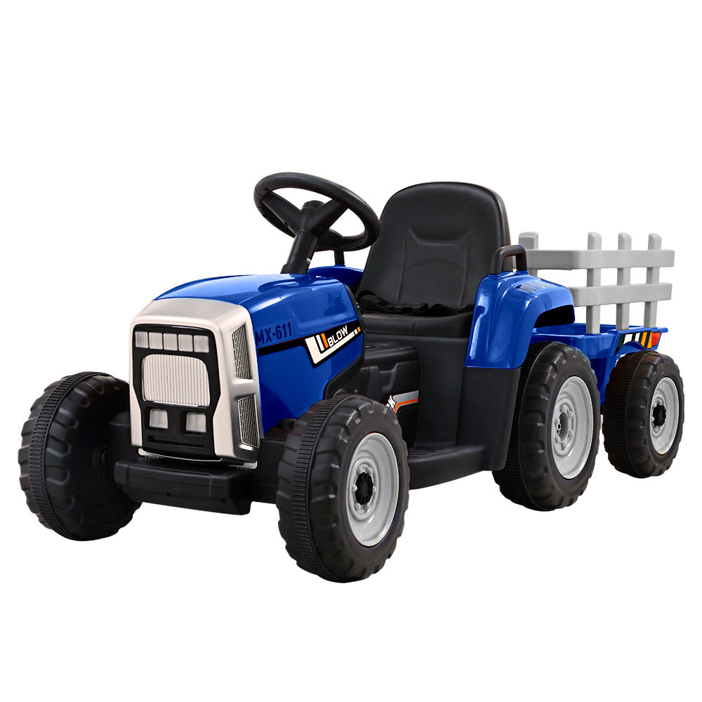 12V Kids Electric Ride On Tractor with Trailer - Blue