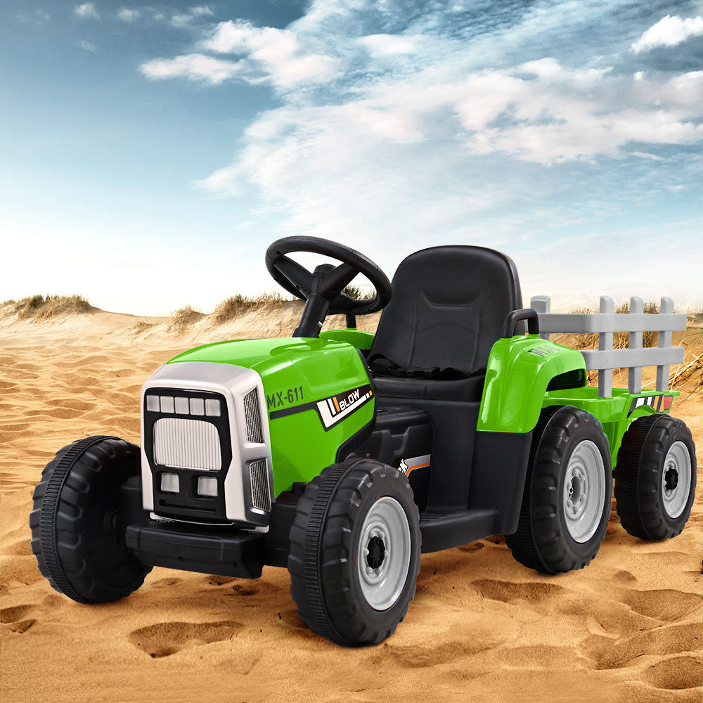 12V Kids Electric Ride On Tractor with Trailer - Green