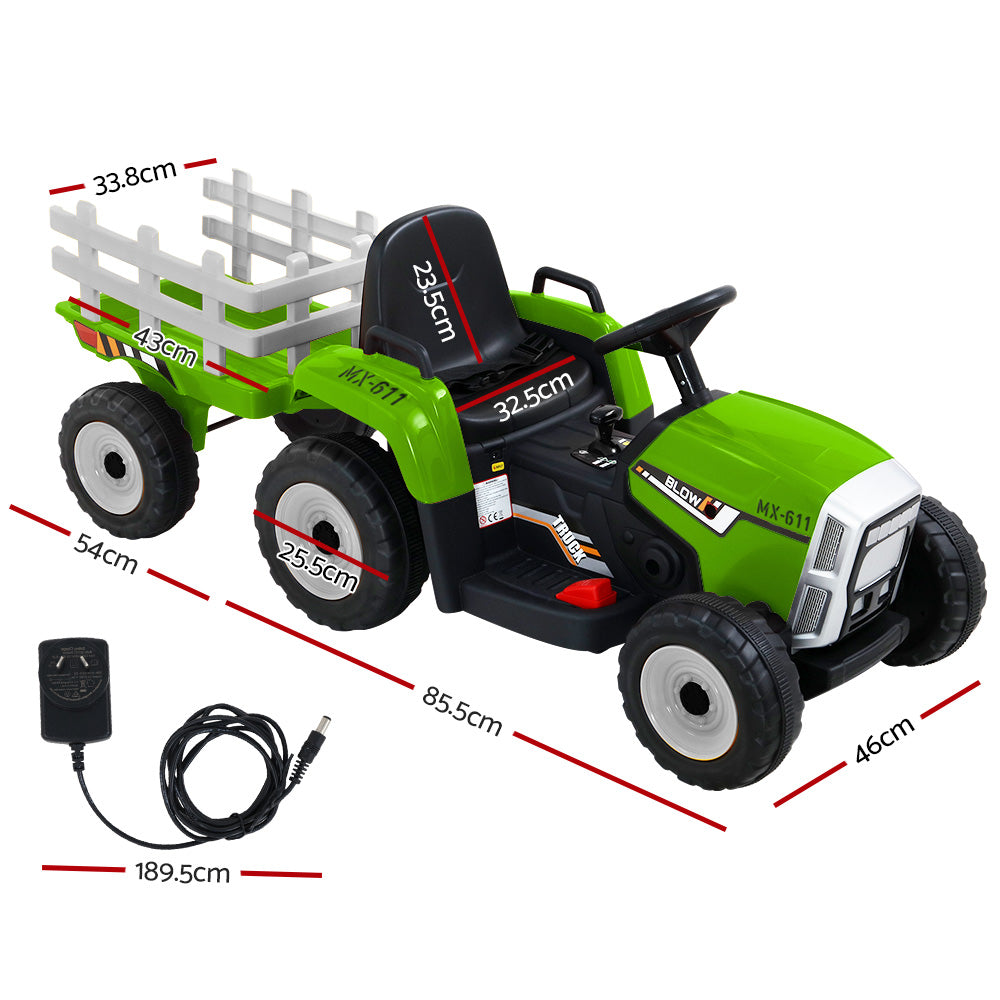 12V Kids Electric Ride On Tractor with Trailer - Green