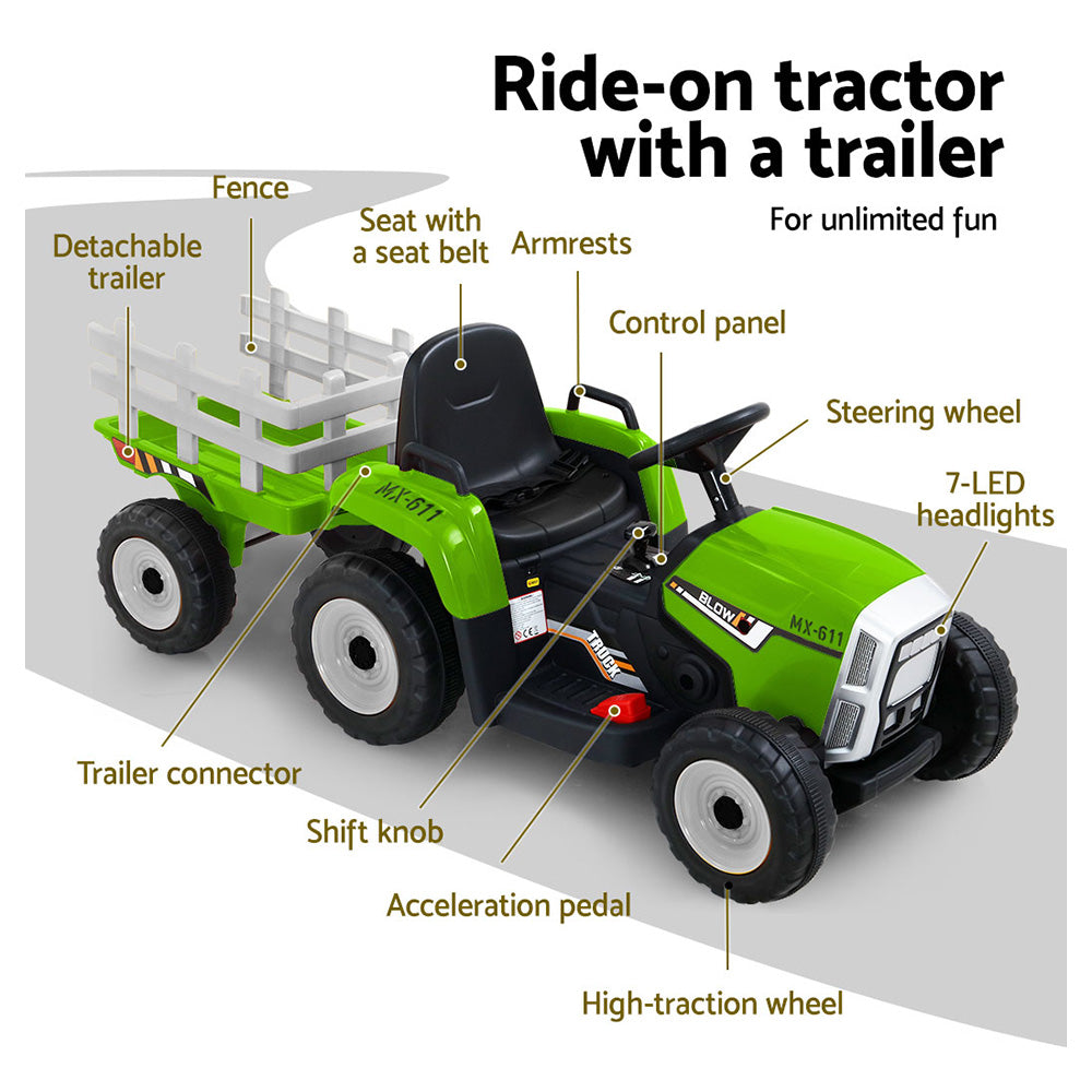 12V Kids Electric Ride On Tractor with Trailer - Green