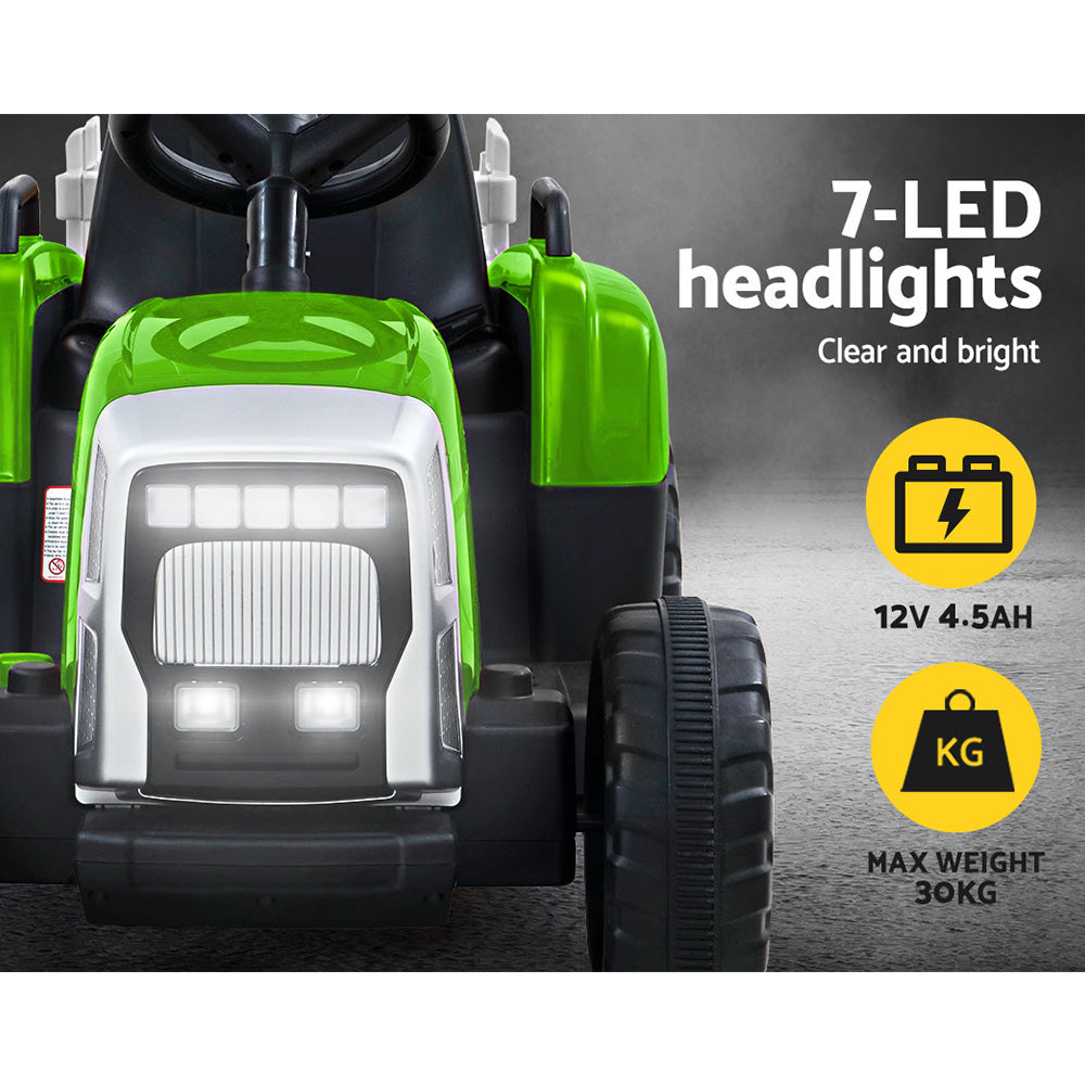 12V Kids Electric Ride On Tractor with Trailer - Green