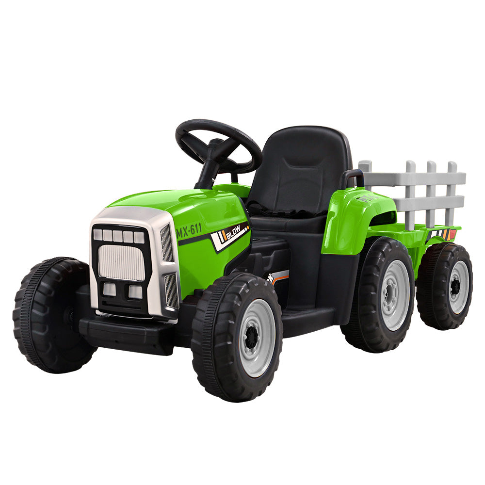 12V Kids Electric Ride On Tractor with Trailer - Green