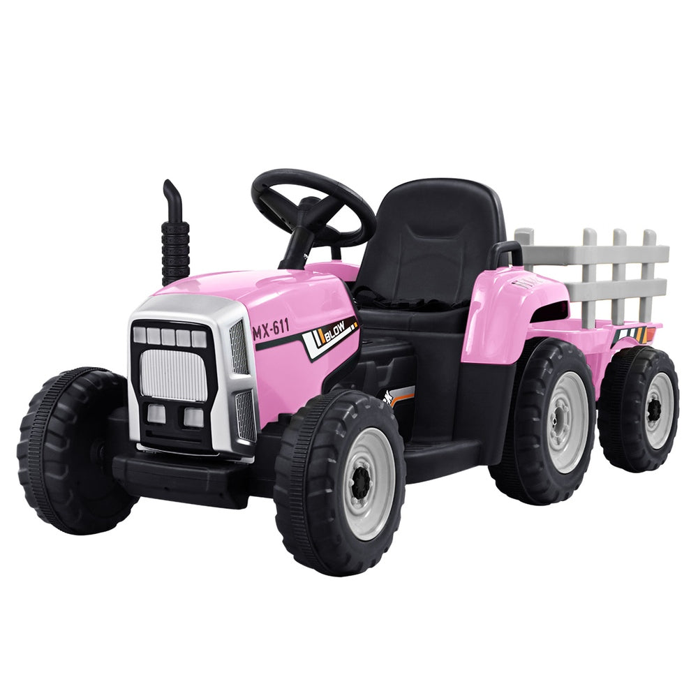 12V Kids Electric Ride On Tractor with Trailer - Pink