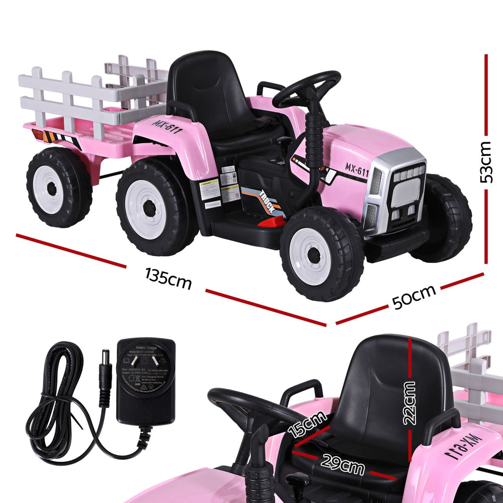 12V Kids Electric Ride On Tractor with Trailer - Pink