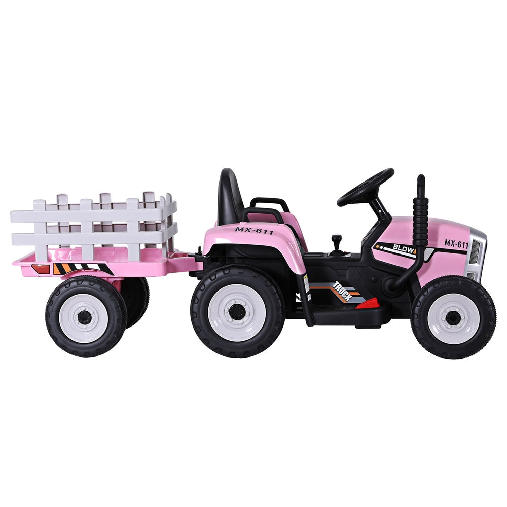 12V Kids Electric Ride On Tractor with Trailer - Pink