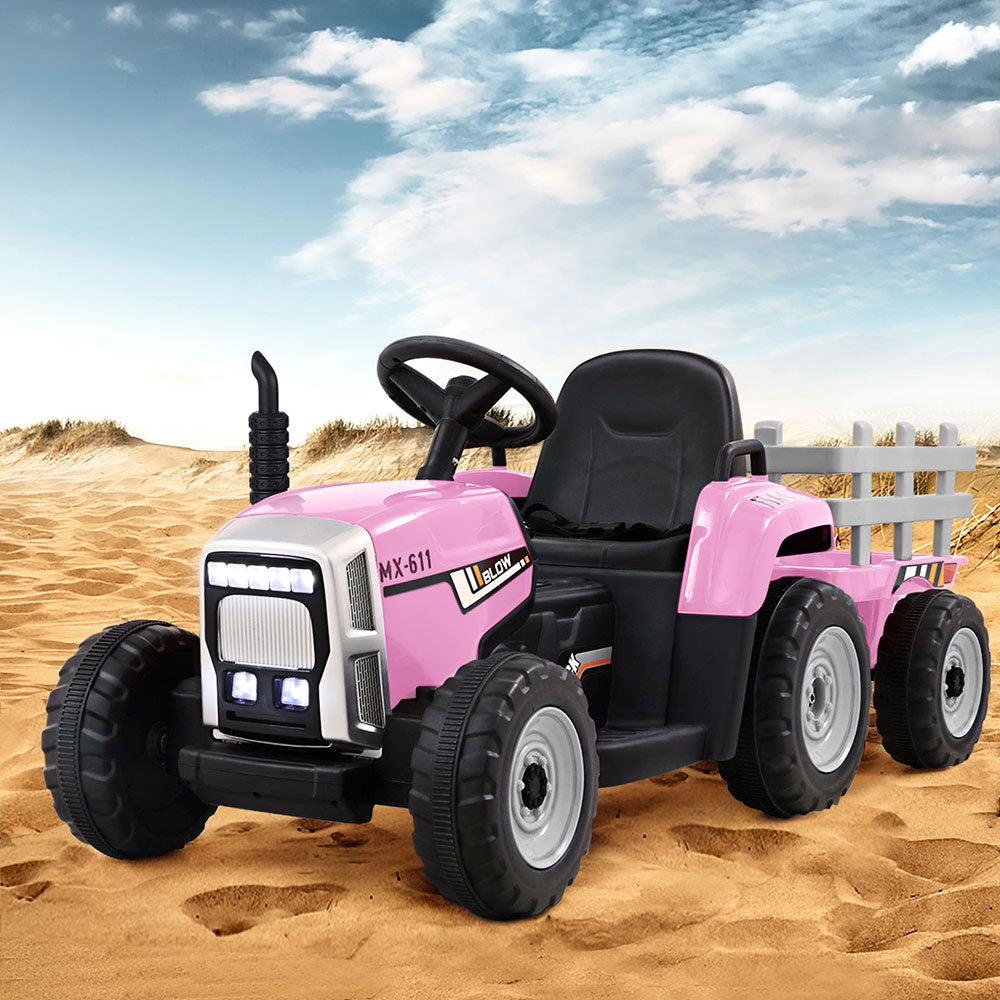 12V Kids Electric Ride On Tractor with Trailer - Pink