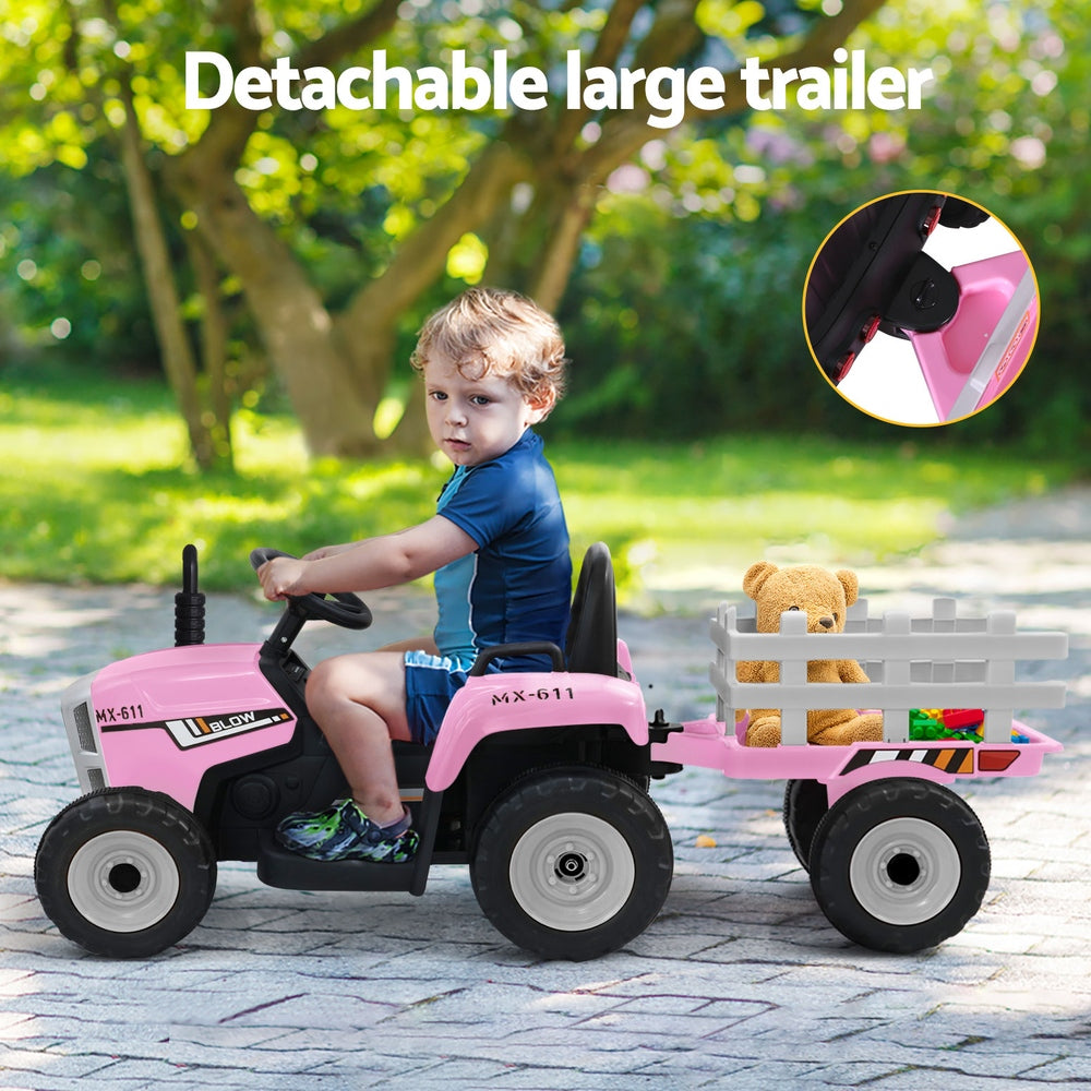 12V Kids Electric Ride On Tractor with Trailer - Pink