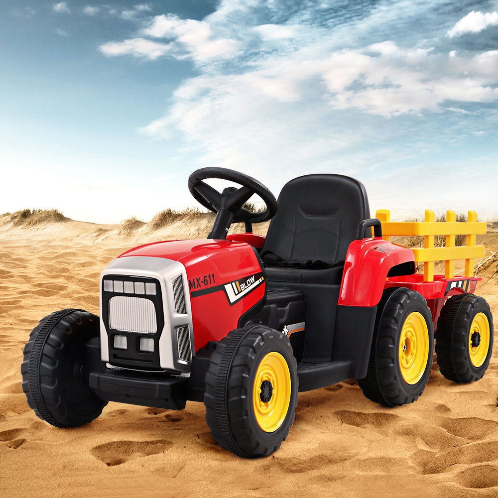 12V Kids Electric Ride On Tractor with Trailer - Red