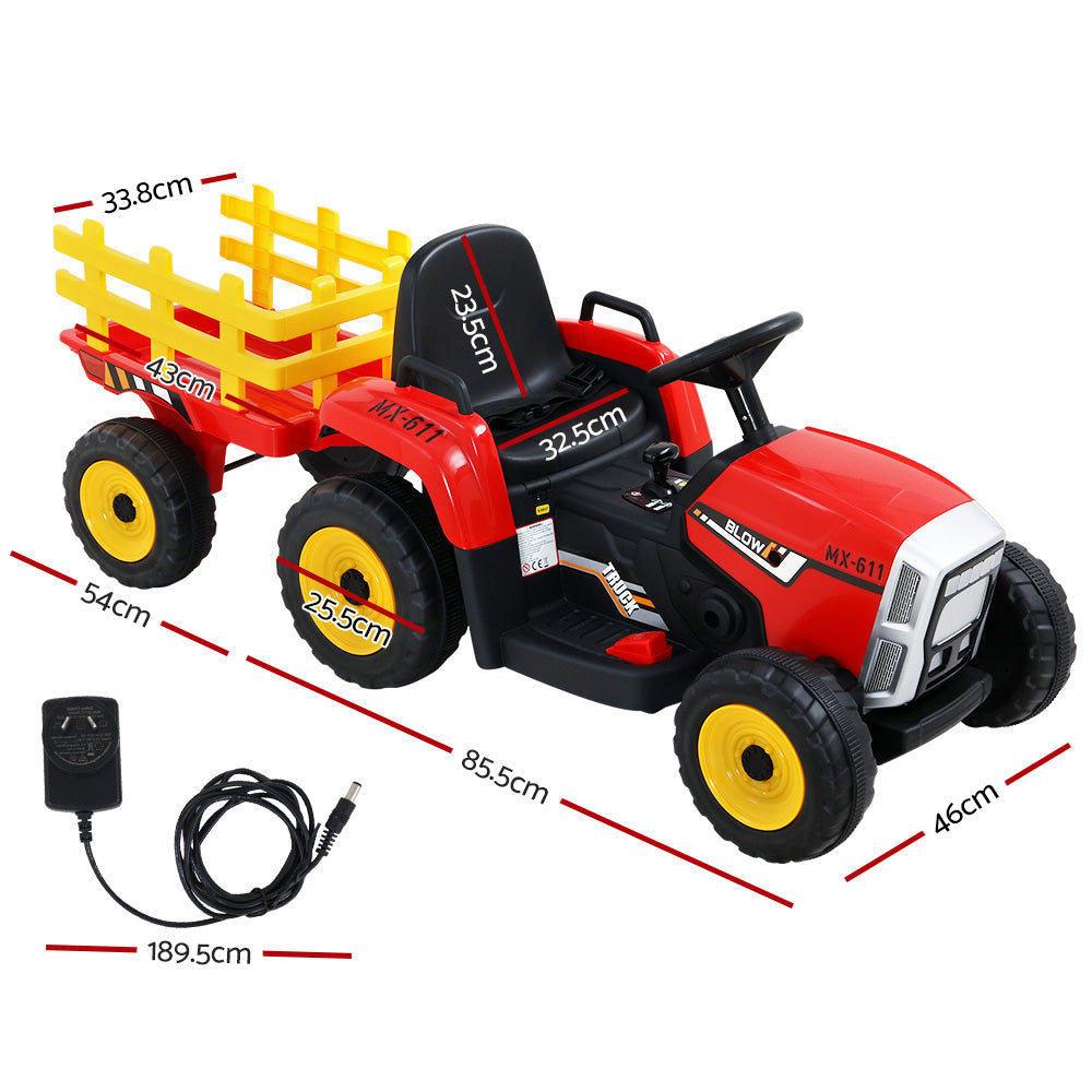 12V Kids Electric Ride On Tractor with Trailer - Red