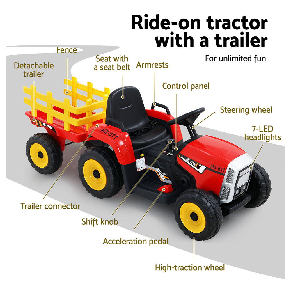12V Kids Electric Ride On Tractor with Trailer - Red