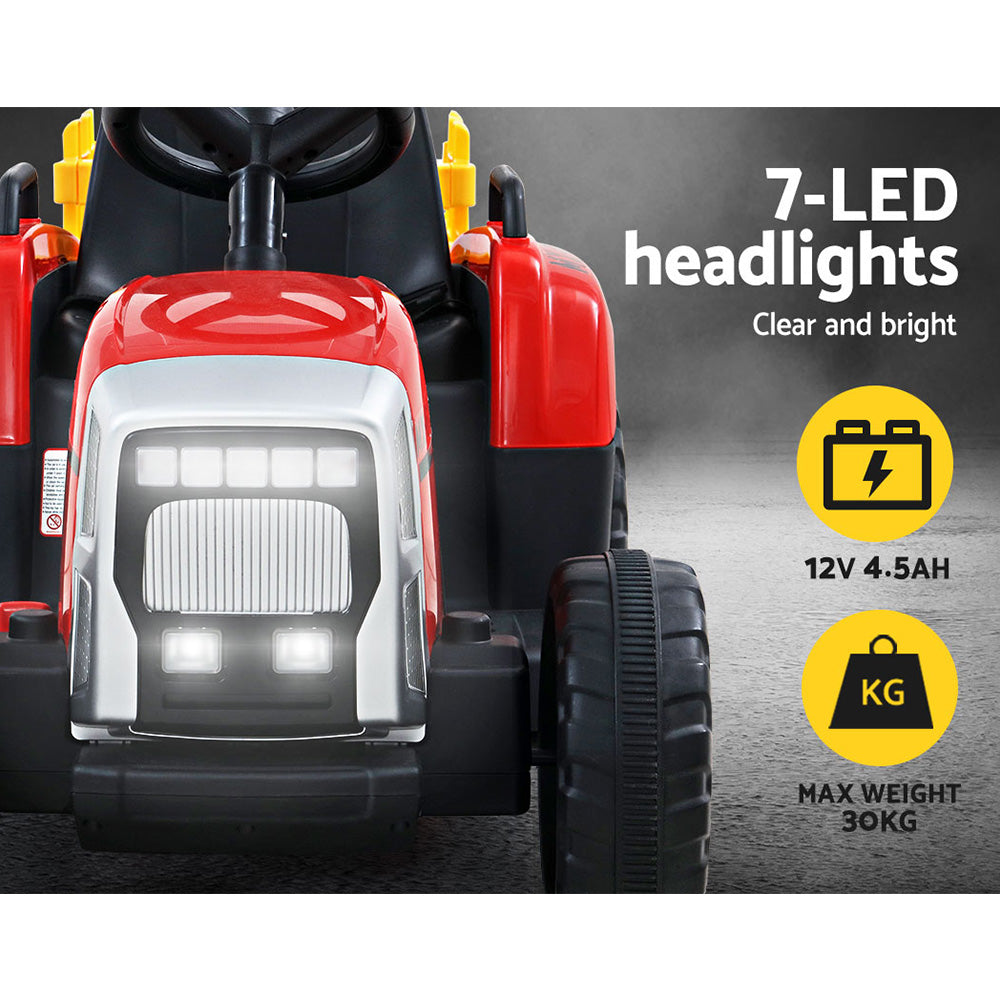 12V Kids Electric Ride On Tractor with Trailer - Red