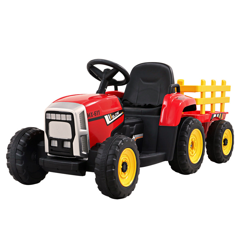 12V Kids Electric Ride On Tractor with Trailer - Red