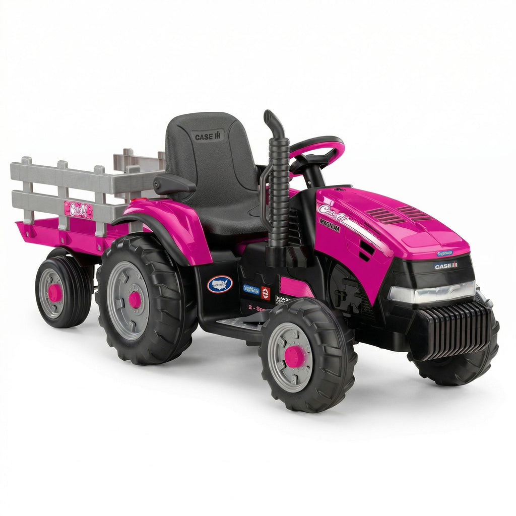 Pink 12V Kids Ride On Tractor with Trailer 2 Speed Toy