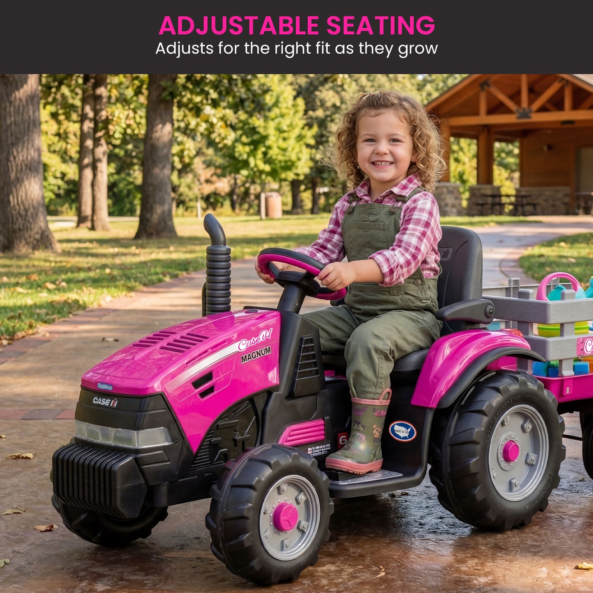 Pink 12V Kids Ride On Tractor with Trailer 2 Speed Toy