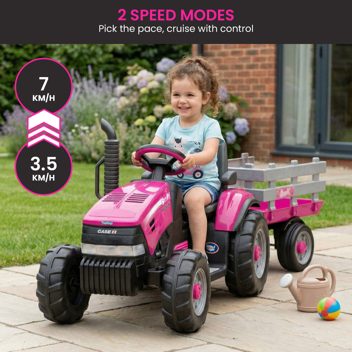 Pink 12V Kids Ride On Tractor with Trailer 2 Speed Toy