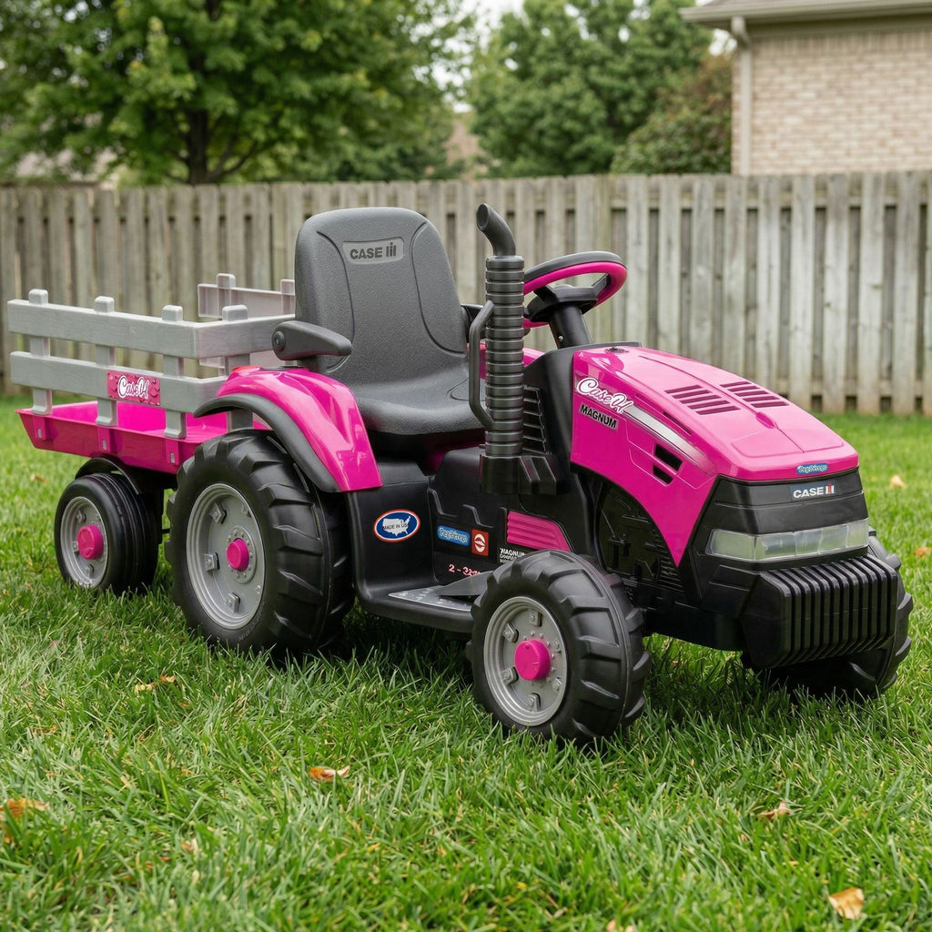 Pink 12V Kids Ride On Tractor with Trailer 2 Speed Toy