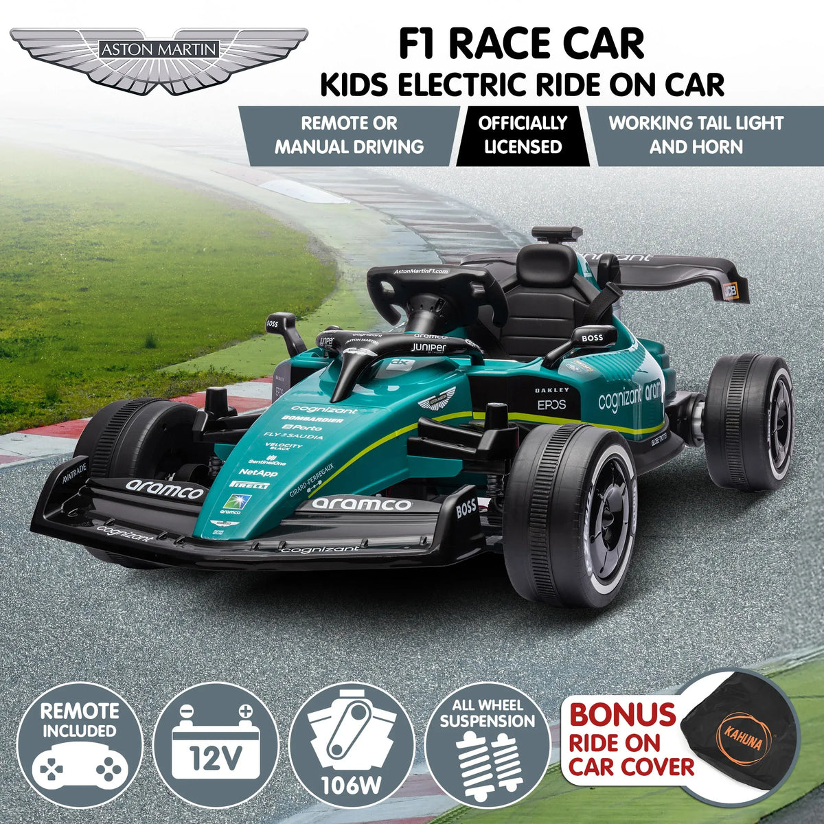 Aston Martin F1 12V Kids Electric Ride-On Race Car, Green