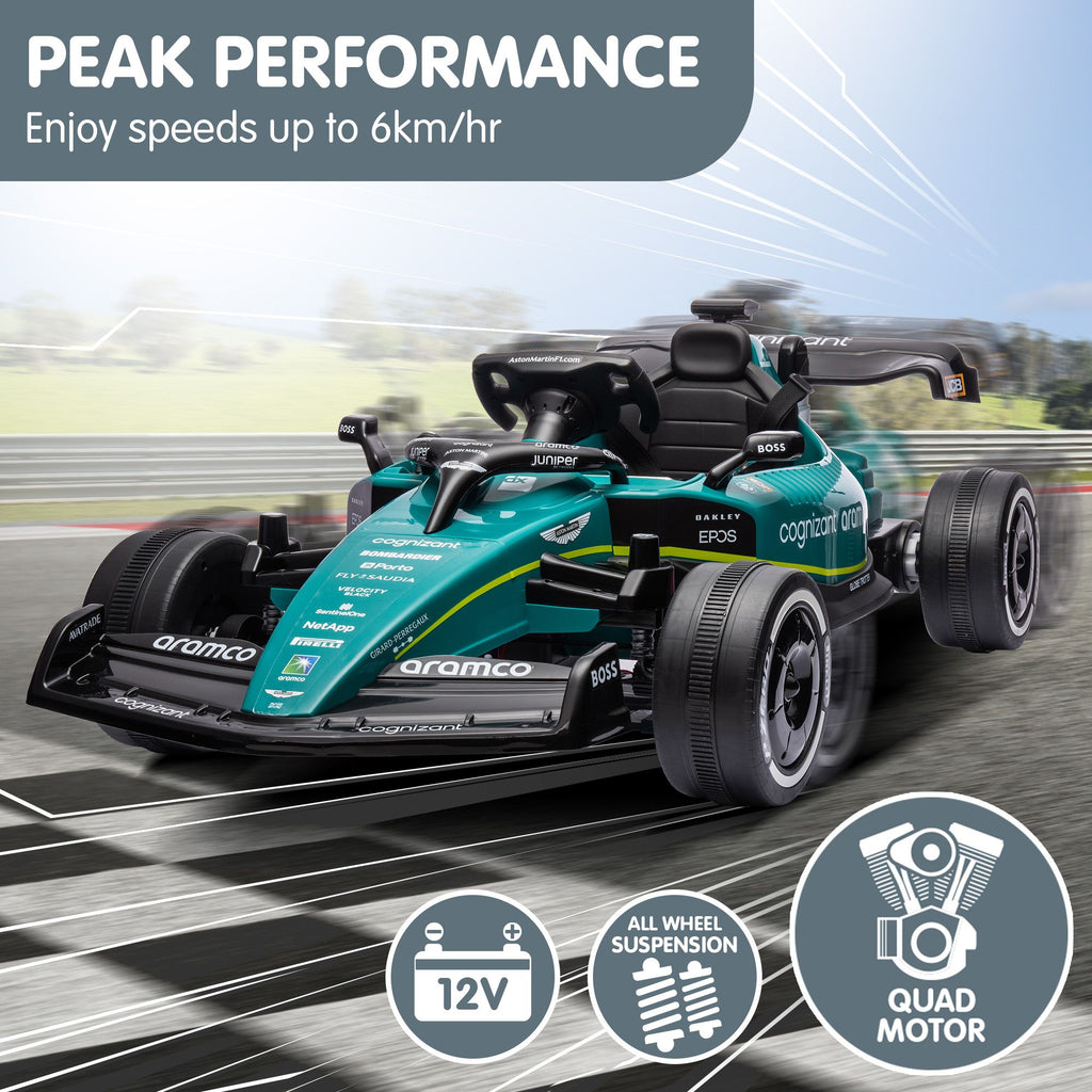 Aston Martin F1 12V Kids Electric Ride-On Race Car, Green
