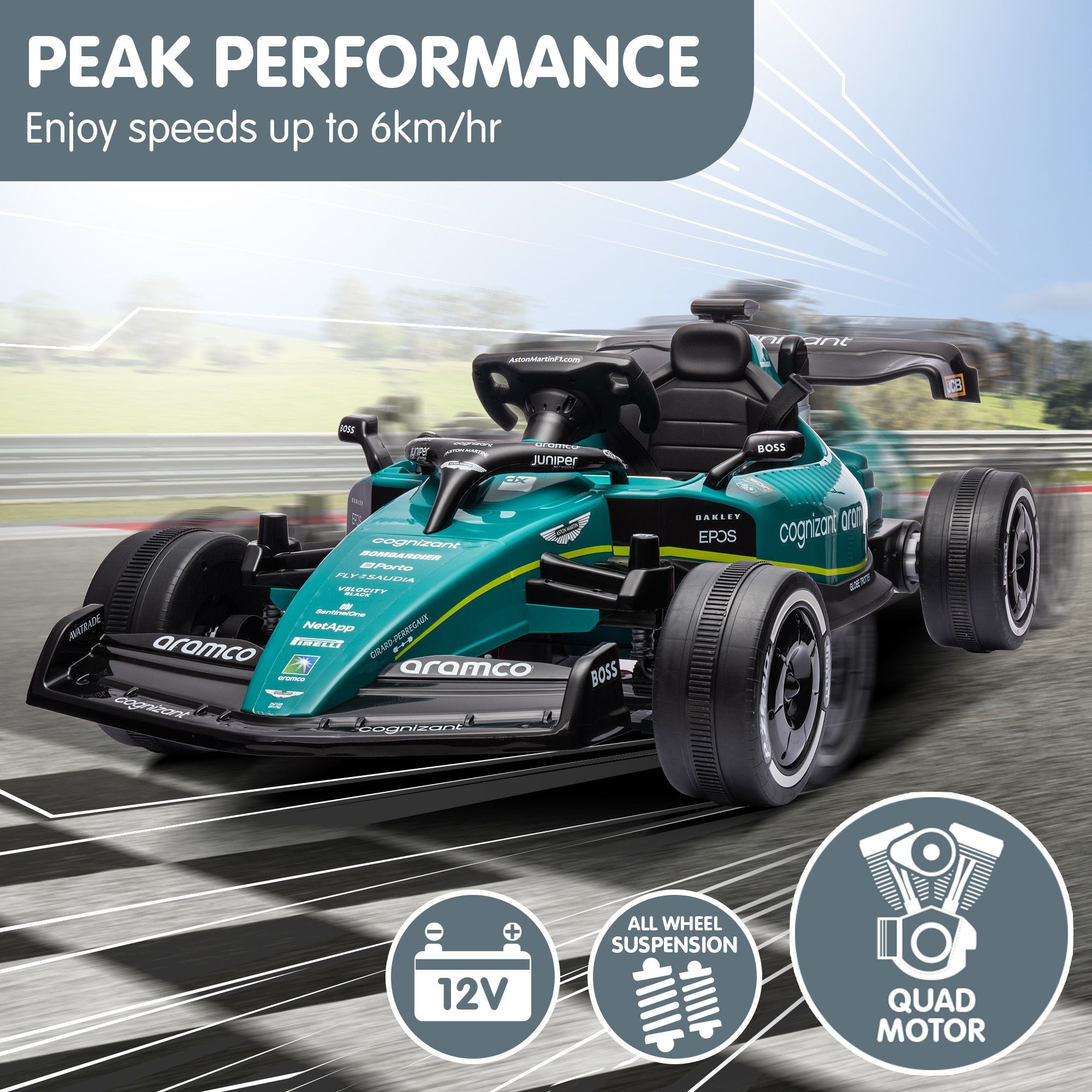 Aston Martin F1 12V Kids Electric Ride-On Race Car, Green